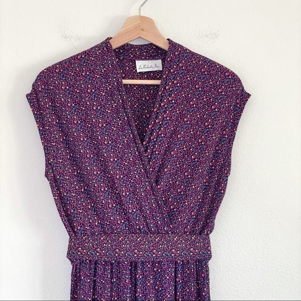 Vintage Liz Roberts Inc Ditsy Floral Blouson Midi Dress Purple Pink Vtg 10 S-M - Picture 4 of 15